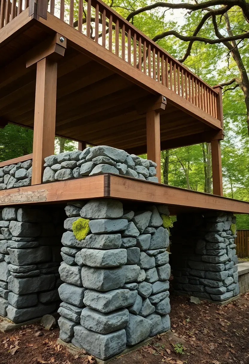 Two-level deck supported by stone pier foundations with exposed natural stone columns visible beneath the upper deck level in a wooded backyard