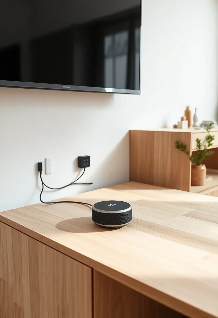 Hyper-realistic detail shot of minimalist entertainment console with hidden cable management. Materials: white oak media console, sleek TV mounted above, no visible cords or cables, subtle cord raceway painted to match wall, WiFi speaker on console with no visible power cord. Clean uncluttered console surface with single small object. Natural light. Visible room context showing clean wall and floor around console. Sharp focus on seamless cable-free appearance. No text, no logos, no watermarks.</p>