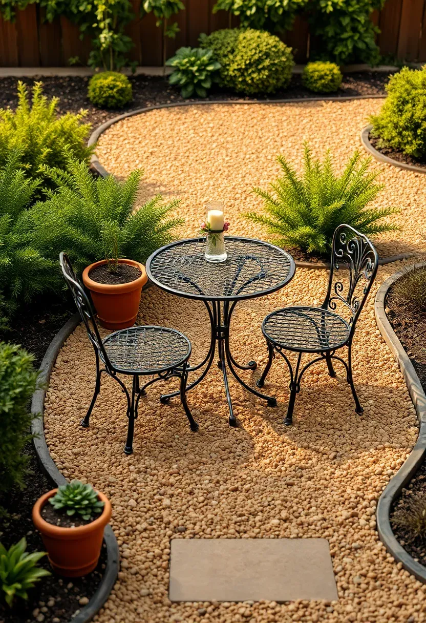 Decomposed granite patio area in a backyard with a bistro table and chairs surrounded by potted plants and low garden beds