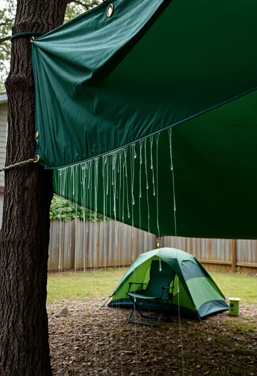 A large green tarp strung at an angle between two trees above a backyard tent and seating area, with rain dripping off the edges and dry ground underneath