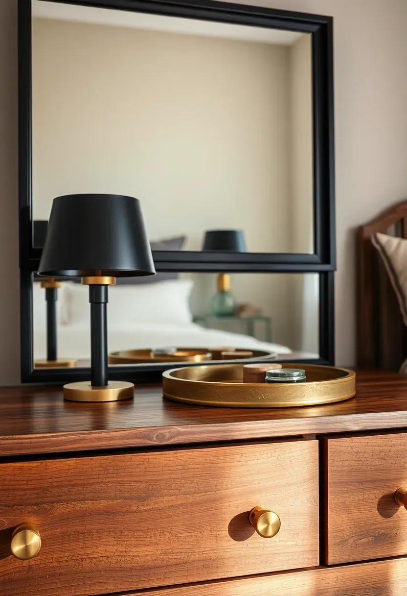 bedroom dresser and bed frame with mixed metal hardware brushed brass knobs and matte black pulls