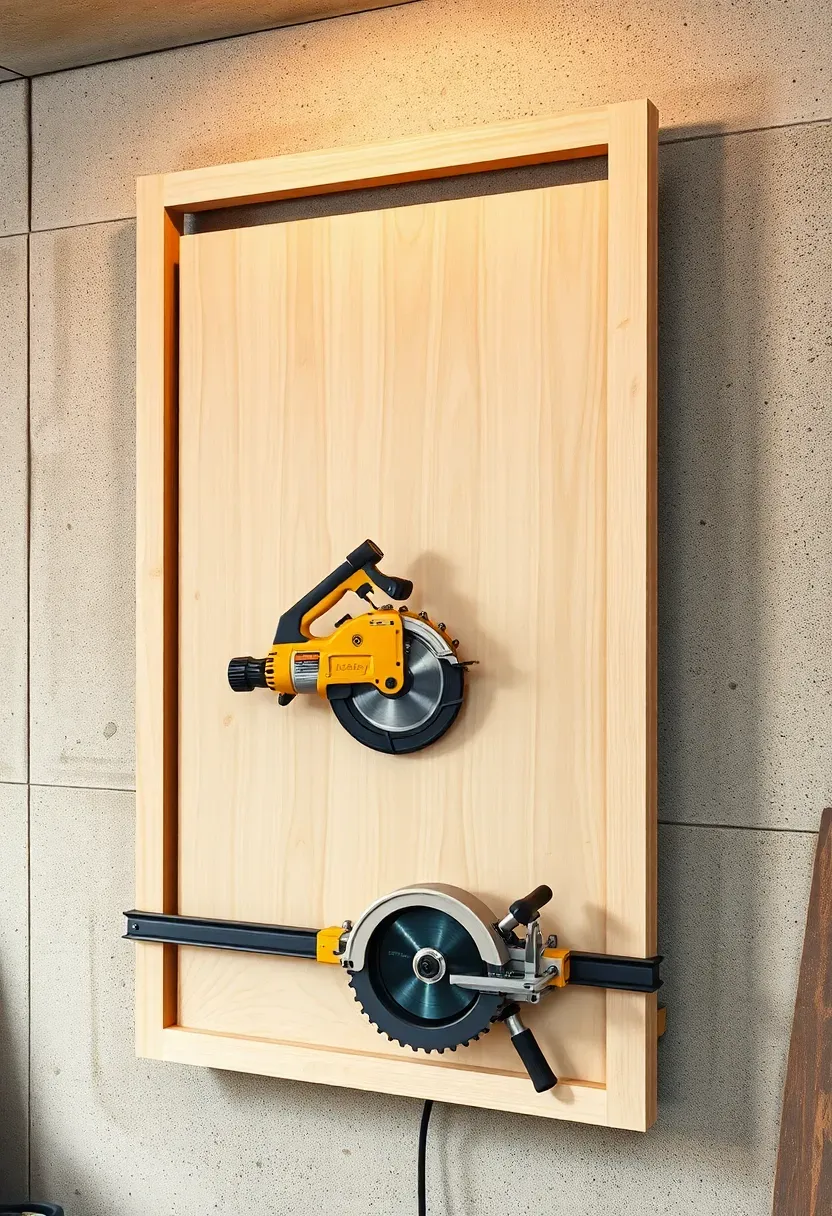 Vertical panel saw mounted on a garage workshop wall with a large sheet of plywood clamped in position for cutting