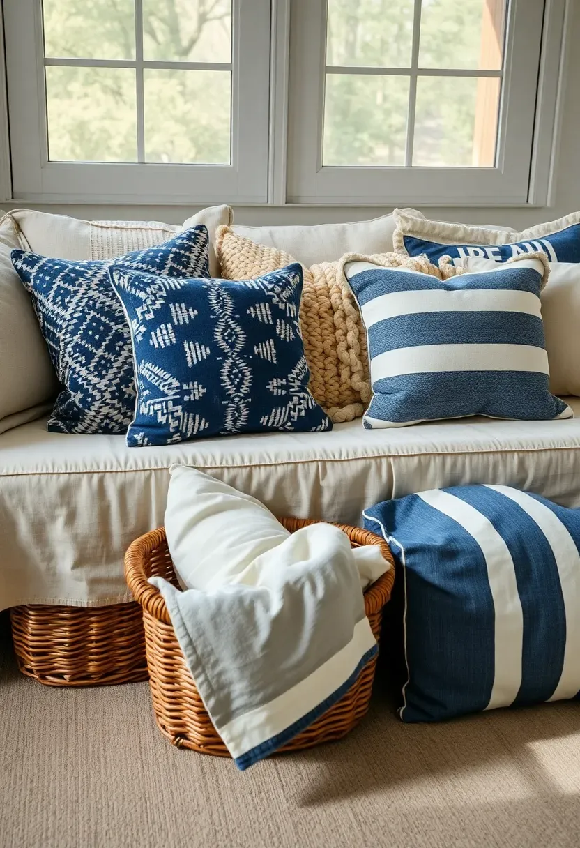 Assortment of throw pillows in seasonal fabrics including linen, mudcloth, and chunky knit arranged on a sunroom daybed with a wicker basket of extra covers nearby