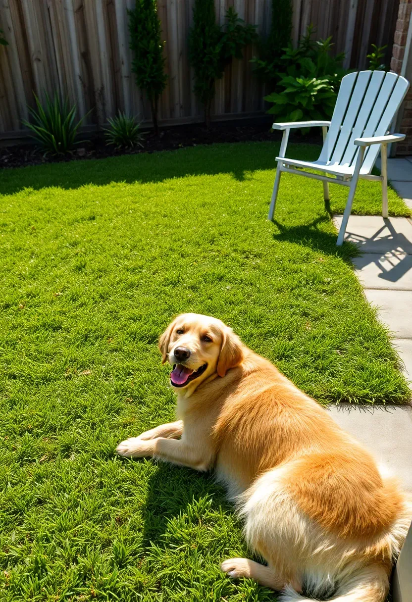 A neatly installed artificial turf backyard with a patio border, outdoor furniture, and a pet dog resting on the grass