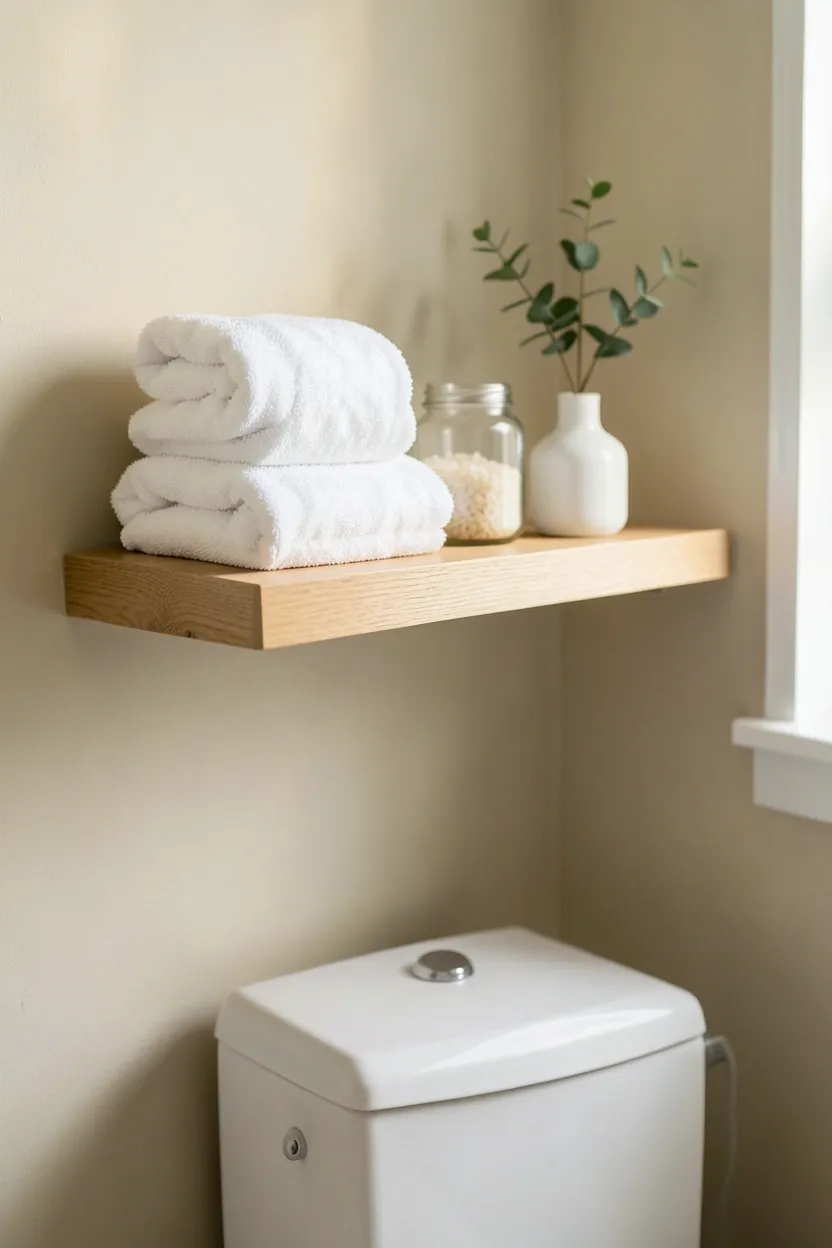 Light oak floating wood shelf mounted above toilet in a small apartment bathroom, styled with folded towels, a small plant, and decorative glass jars