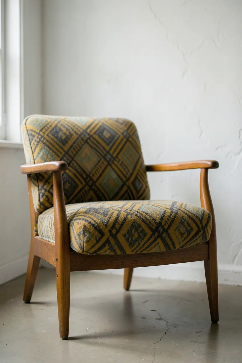 Vintage Scandinavian armchair with patterned geometric fabric upholstery and teak tapered legs as a living room accent
