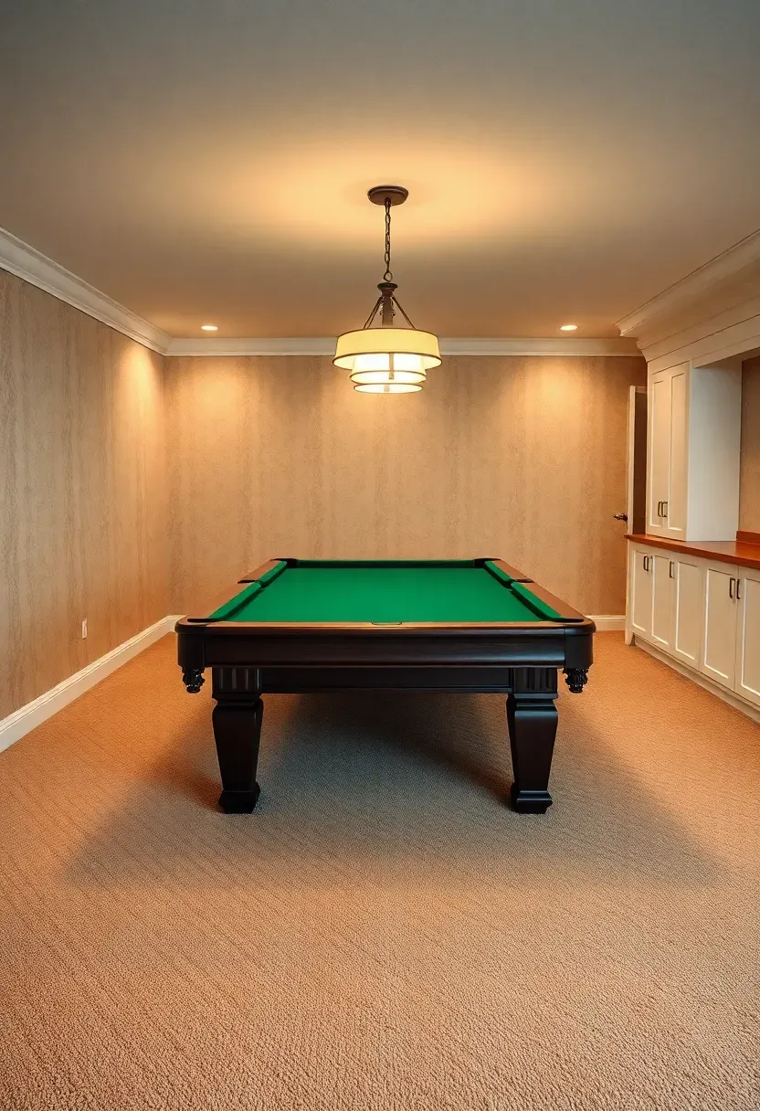 finished basement recreation room with wool blend carpet in a warm heathered oatmeal tone