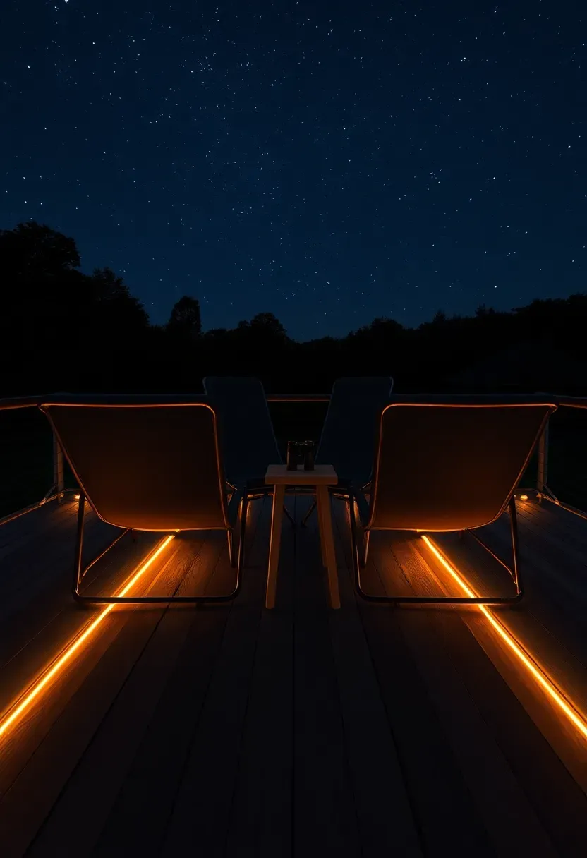 Serene evening deck scene with reclined lounge chairs, soft warm deck lighting at floor level, an unobstructed view of the night sky, and a telescope on a tripod
