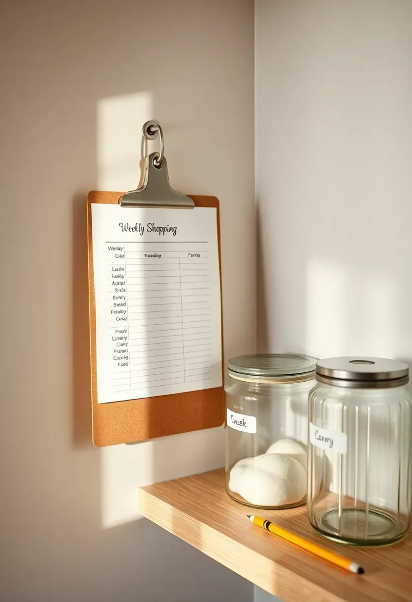 Pantry shelf with a printed weekly shopping list on a cork clipboard hanging from a small peg rail, beside it three labeled clear glass canisters at varying fill levels and a wax pencil on the shelf edge