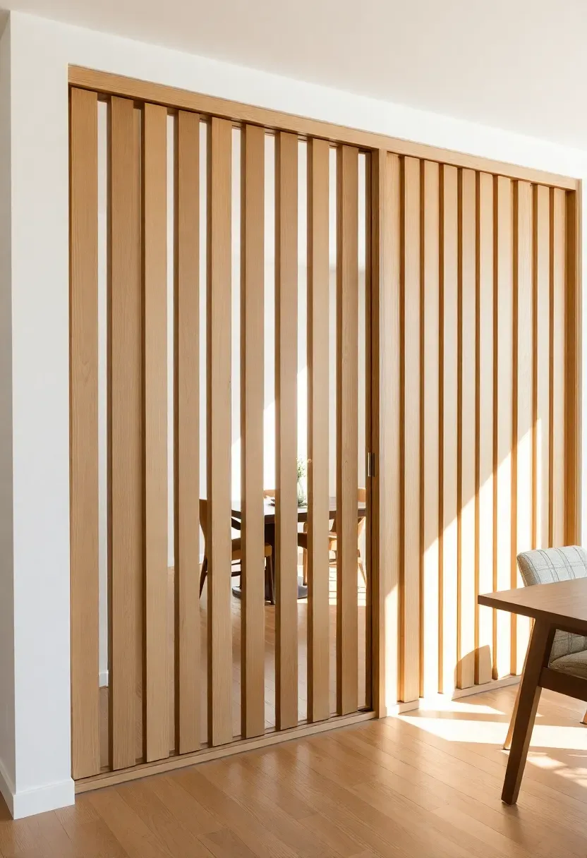 Hyper-realistic side view of full-height sliding wood room divider in light oak with vertical slat design allowing light transmission. Panels partially closed defining zone between living and dining areas. Top and bottom tracks visible. Light oak floor, white walls. Materials: natural oak with subtle grain, matte metal track hardware. Bright daylight casting shadows through slats. Flexible space definition mood. Shallow depth of field showing wood texture and slat spacing detail. No text, no logos, no watermarks.</p>