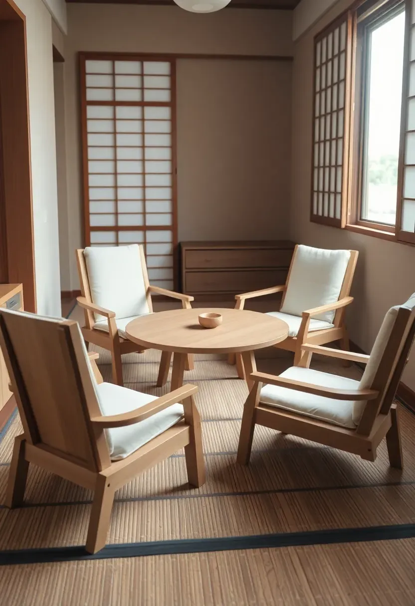 Hyper-realistic 3/4 view of zaisu floor chairs around low table in Japanese tiny house. Four zaisu chairs with wooden backs and cushioned seats around chabudai table, tatami flooring throughout. Chairs feature clean modern design with traditional proportions. Materials: light wood chair backs, cream cushion fabric, straw tatami, small tea set on table. Soft natural light from shoji window, highlighting chair details and floor texture. Shallow depth of field showing fabric textures and wood grain. Authentic Japanese floor seating mood.</p>