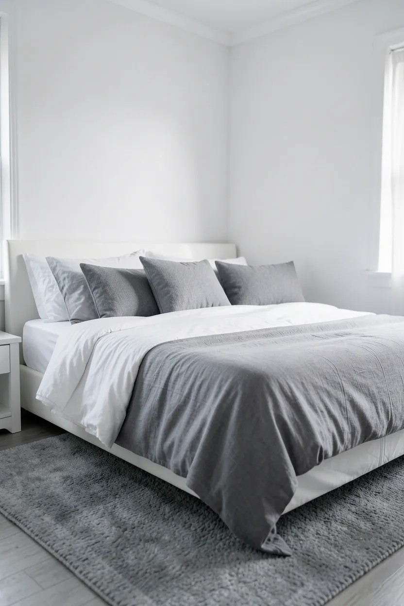 White and gray bedroom with layered gray bedding, white sheets, and gray curtains — sophisticated neutral bedroom tonal palette