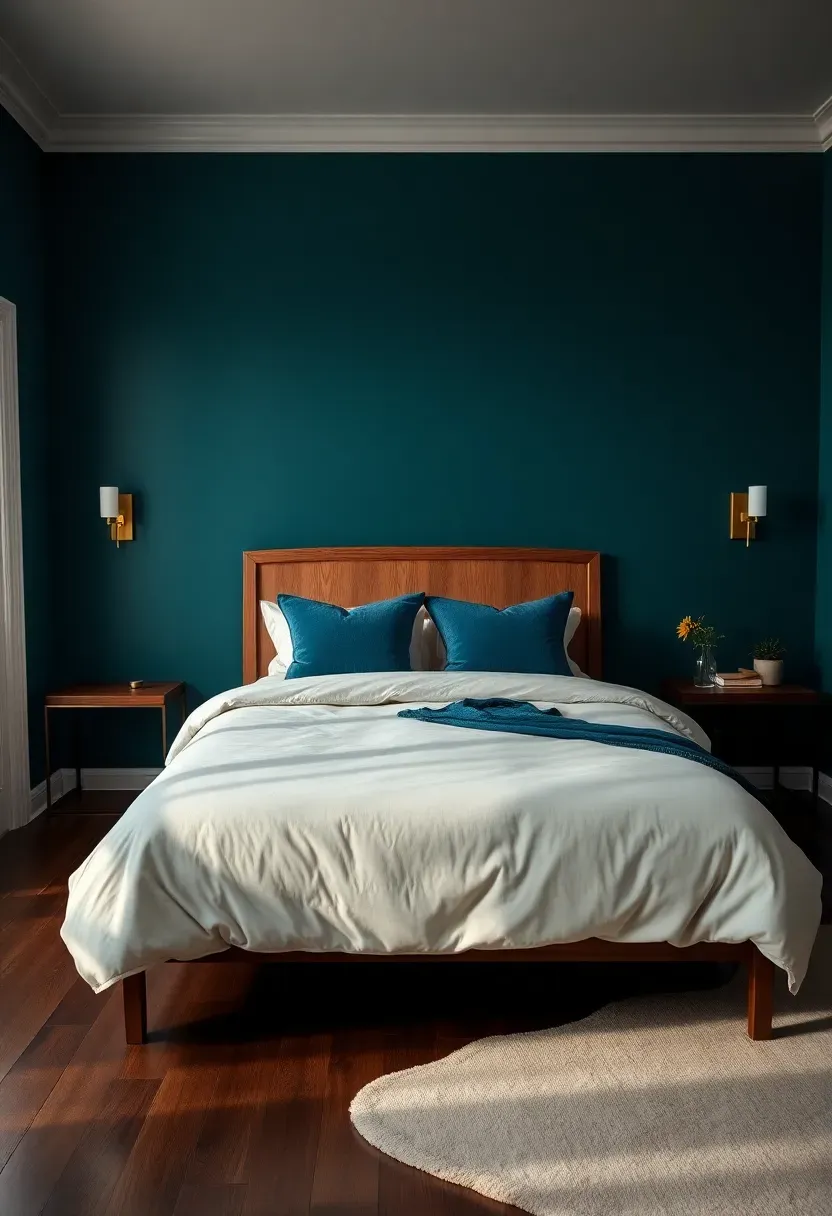 Hyper-realistic wide shot of a moody bedroom with deep teal walls, queen bed with cream duvet and teal velvet pillows, natural wood bed frame, brass wall sconces, cream area rug. Visible room context with white trim, dark wood floors. Materials: matte teal paint, natural walnut wood, polished brass, cream cotton, teal velvet. Warm lighting from brass sconces, serene shadows on bedding. No text, no logos, no watermarks.</p>