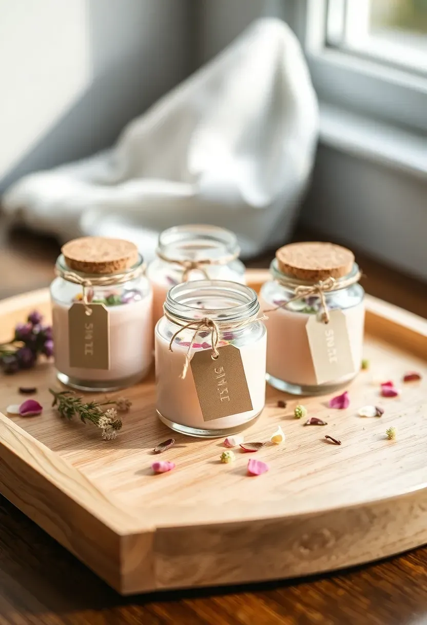 Floral soy candle favors with dried rose petals in glass jars on light oak tray for baby shower