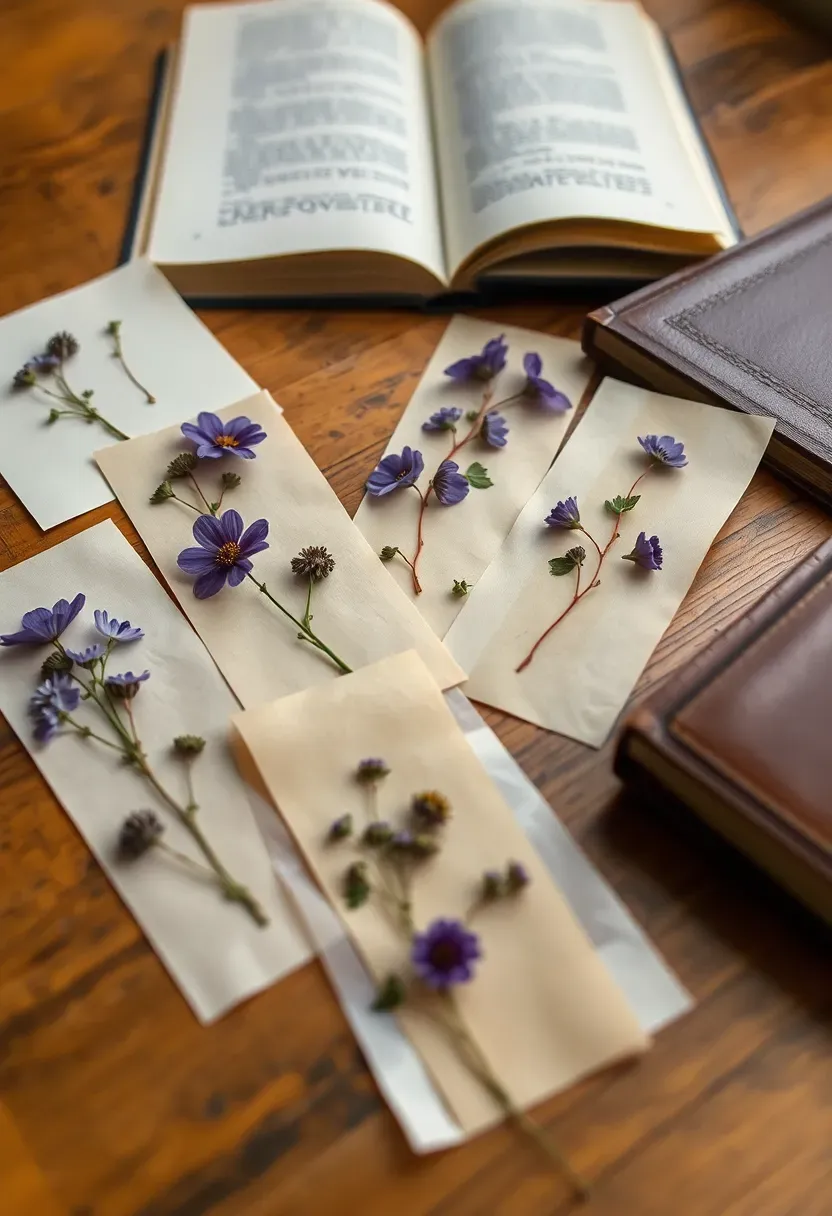 pressed wildflowers arranged between wax paper for handmade bookmarks