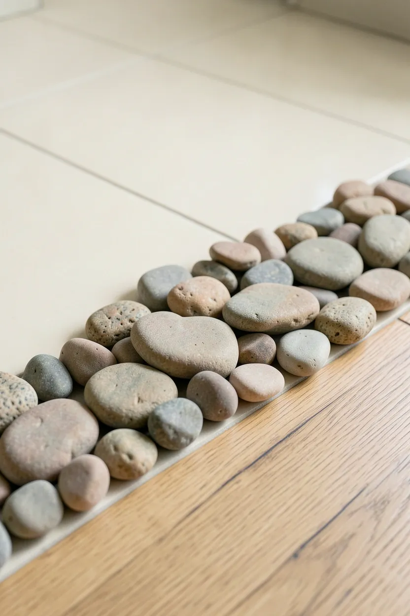 River rock floor border and soapstone countertop adding organic farmhouse texture to a neutral bathroom