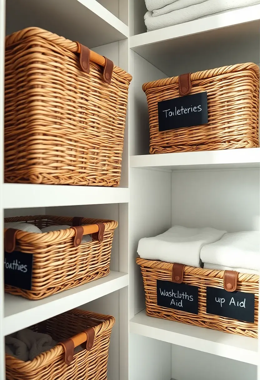 Bathroom linen closet shelves with matching wicker baskets each labeled with chalkboard tags reading toiletries, washcloths, and first aid