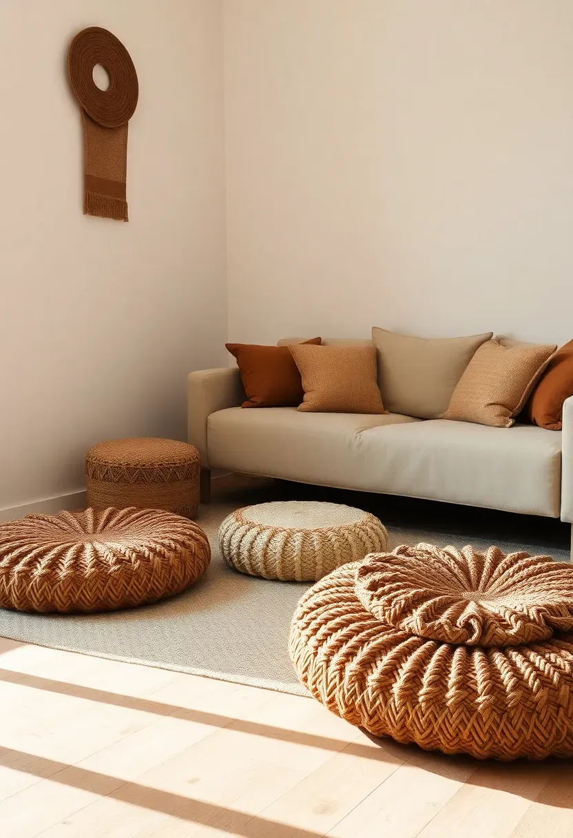 Natural linen floor cushions arranged as flexible boho seating in a small minimalist apartment living room