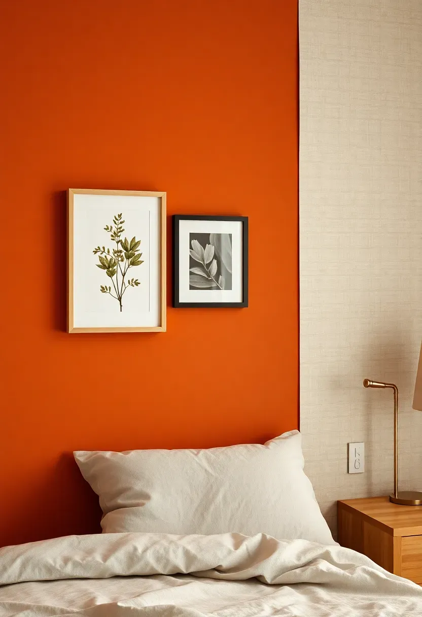 Bedroom accent wall behind the bed painted in a warm terracotta tone, with peel-and-stick wallpaper panels on an adjacent wall