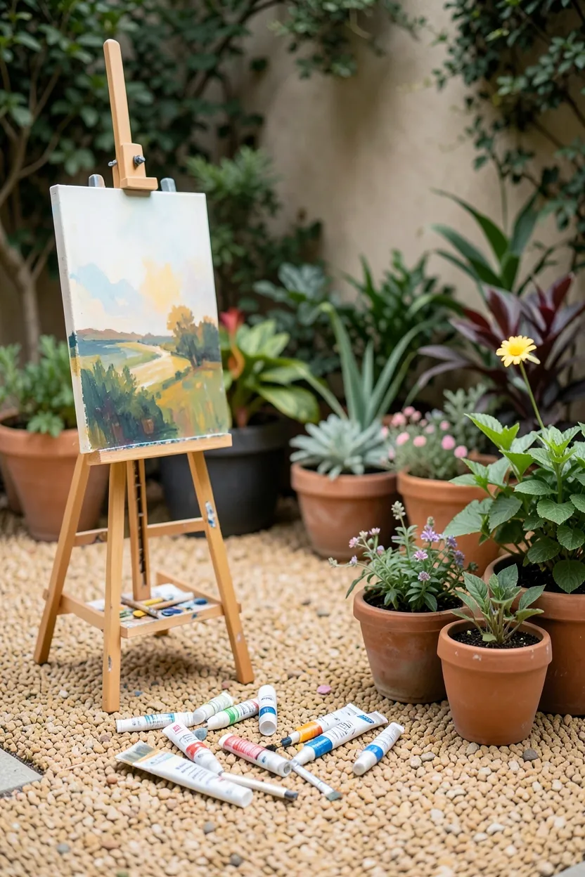 Pea Gravel Patio with Art Studio Setup