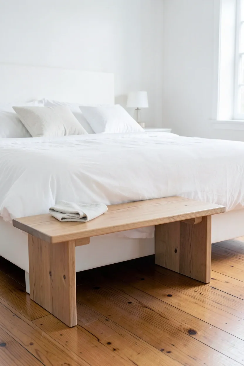Simple natural wood bench at the foot of a linen-covered bed in a Scandinavian rustic bedroom holding a folded neutral throw blanket