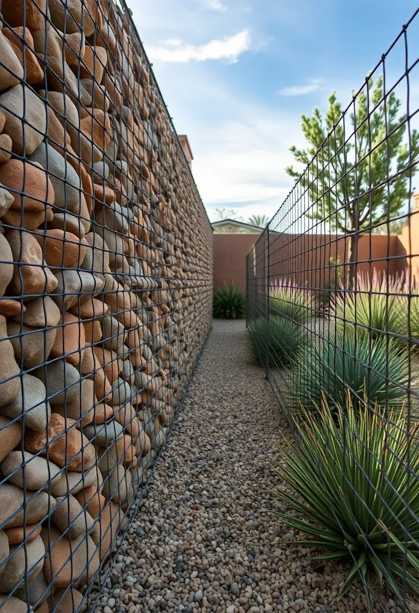 Gabion wall filled with rounded river stones flanking a gravel pathway in a drought-tolerant backyard garden