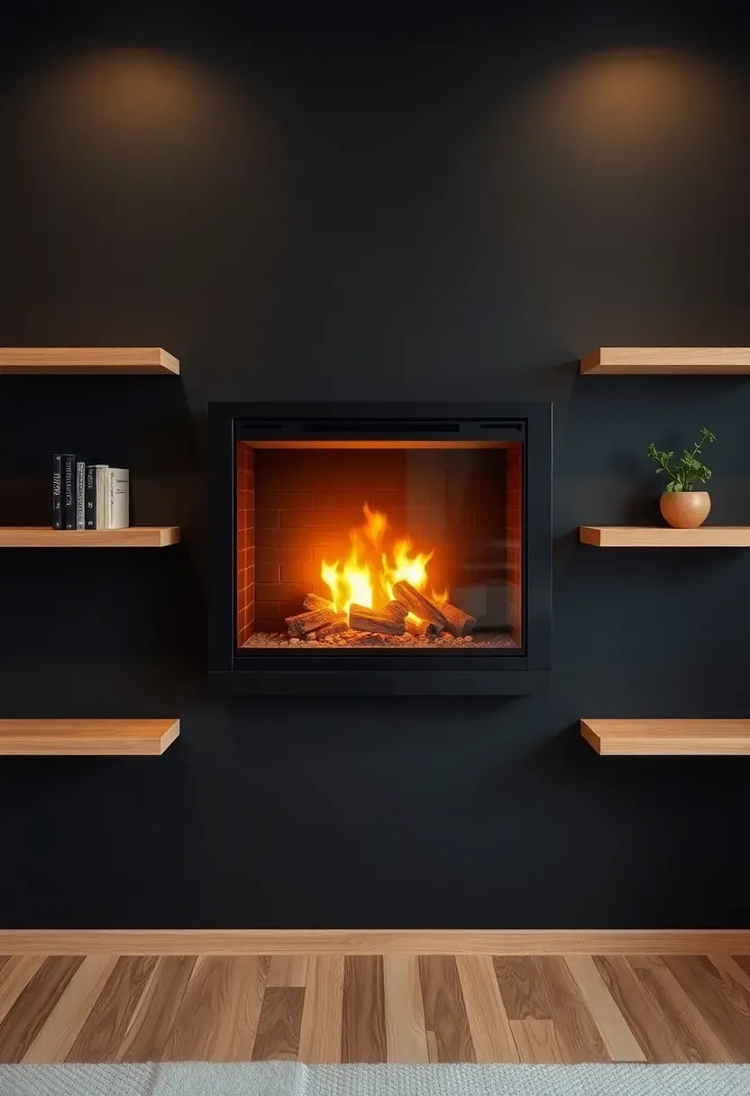 Electric fireplace mounted on a dark feature wall in a basement apartment with floating shelves on either side and warm ambient lighting