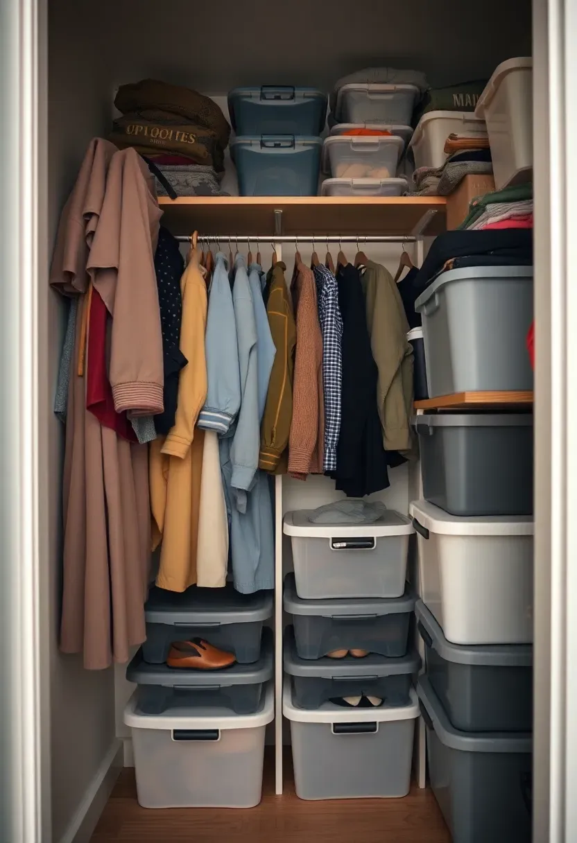 Hyper-realistic 3/4 view of a tiny house closet showing maximized storage with hanging clothes, stacked bins, and items stored on top of the storage unit, demonstrating the extreme limits of space. Materials: white painted walls, wooden shelving, plastic storage bins. Even interior lighting showing every inch utilized. Storage constraint mood with visible organizational challenges and space limitations. Shallow depth of field, sharp storage details, realistic constraint composition. No text, no logos, no watermarks.</p>