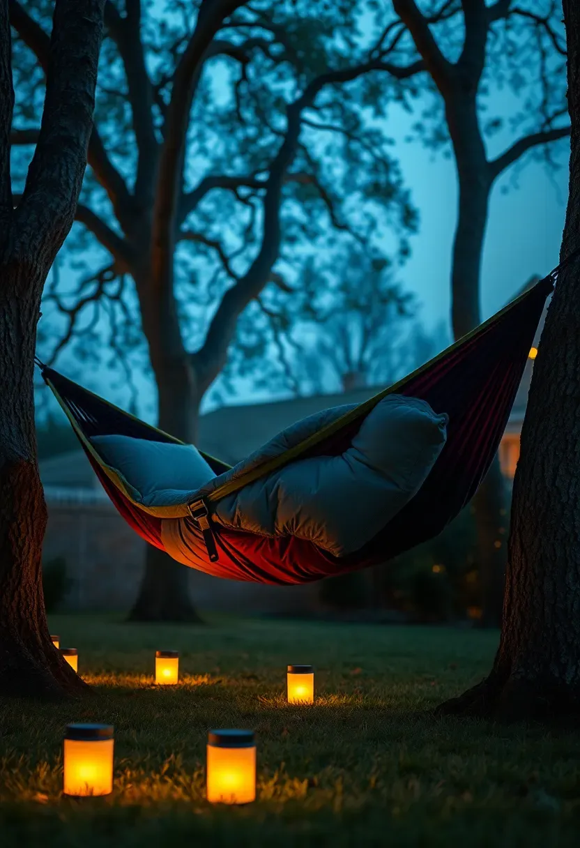 Two hammocks strung between backyard trees with sleeping bags and pillows inside them, surrounded by low solar lanterns on the ground