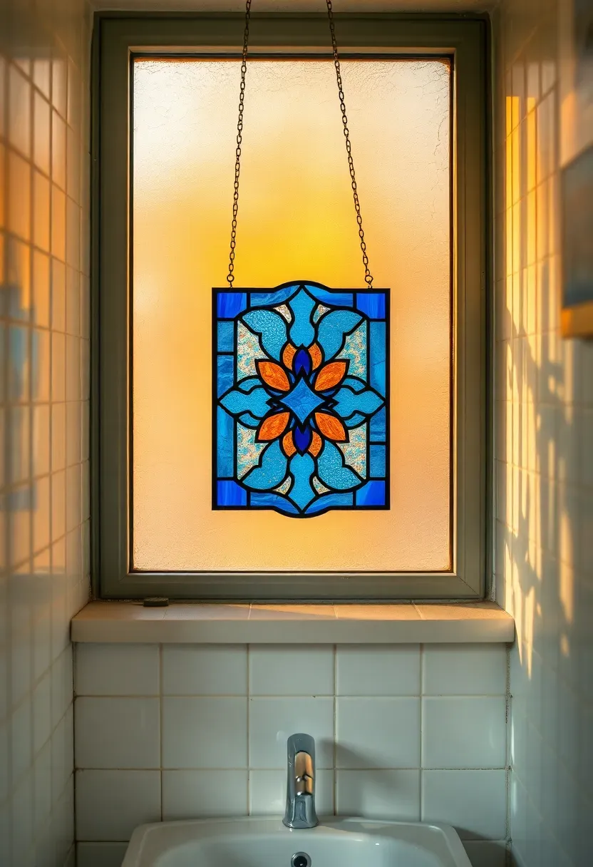 Small stained glass window panel with geometric blue and amber design hung in a bathroom window frame with light streaming through