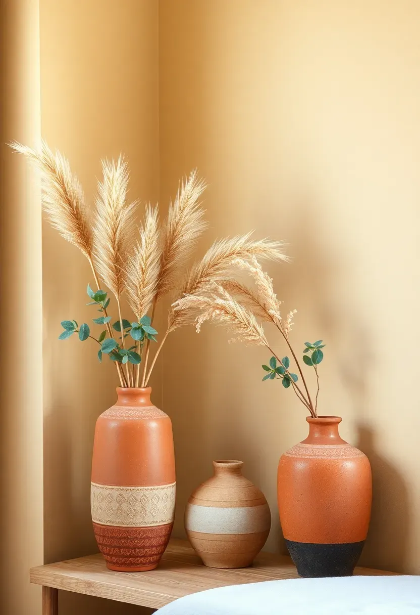 Terracotta vases with dried pampas grass and eucalyptus as low-maintenance boho decor on a minimalist shelf