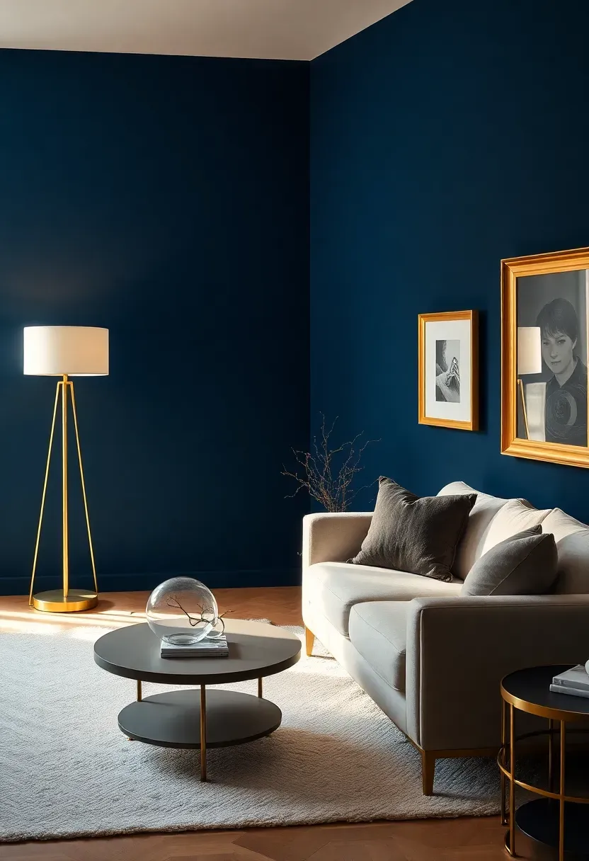 Hyper-realistic wide shot of minimalist living room with navy blue walls, brass floor lamp, brass picture frames, brass coffee table legs, cream sofa, white rug. Materials: matte navy blue paint, polished brass fixtures, cream linen sofa, white wool rug. Warm natural daylight with brass fixtures reflecting light and creating golden highlights against navy, sophisticated and luxurious atmosphere. Sharp contrast between navy walls and brass accents, clean composition, no clutter, no text, no watermarks.</p>