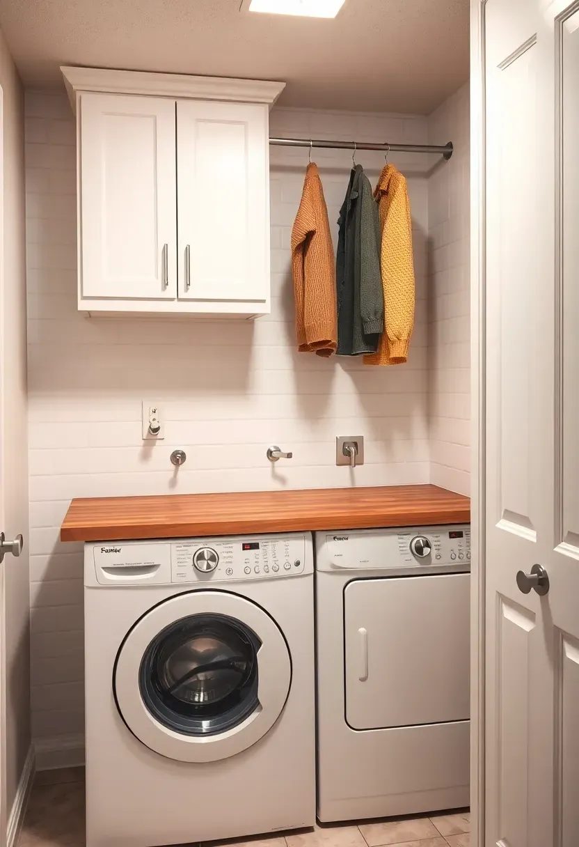 Bright and organized basement laundry room with side by side washer and dryer, folding counter, hanging rod, and cabinetry