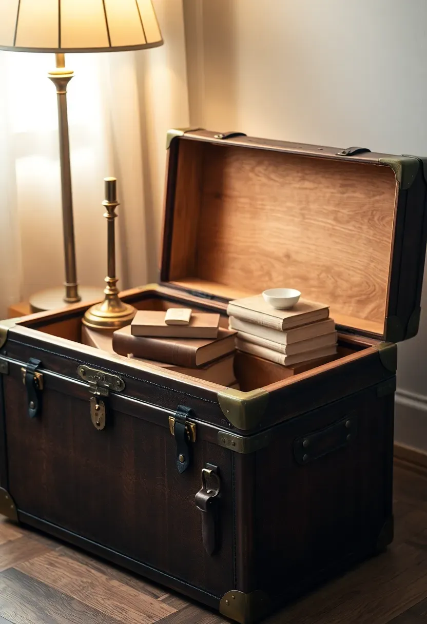 Vintage leather steamer trunk used as a side table with lamp and stacked books