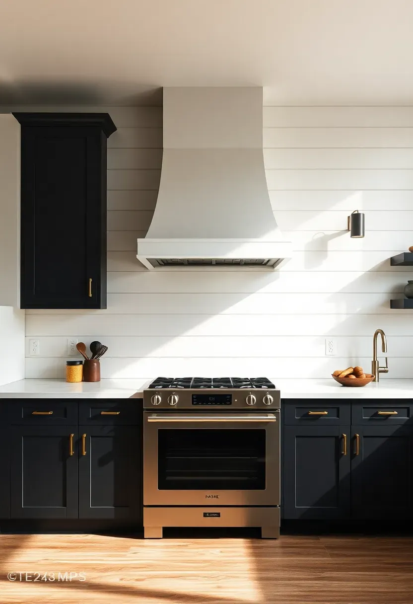 white shiplap accent wall behind the range in a barndominium kitchen with dark cabinets