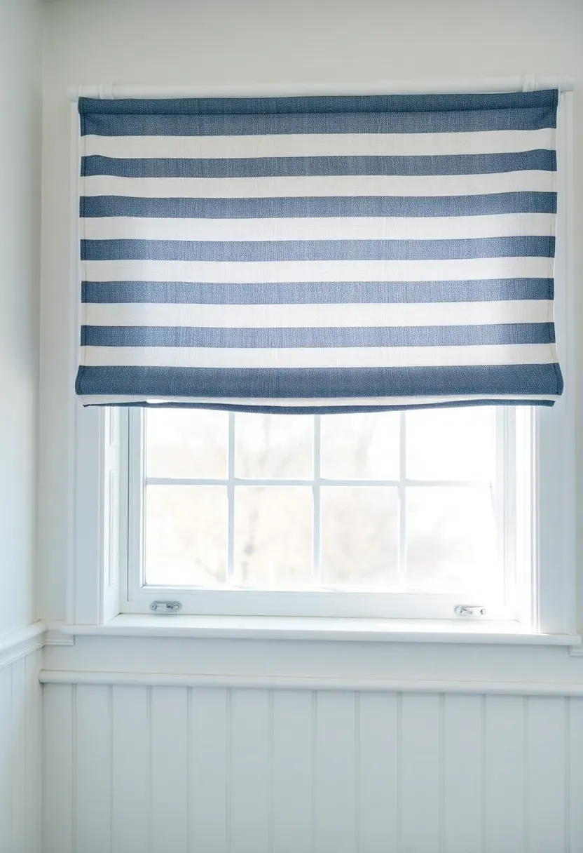 Bathroom window with a striped linen valance in blue and white horizontal stripes mounted on a simple white rod