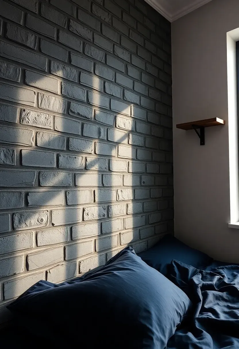 dorm room wall with peel and stick faux brick panels in dark grey tones