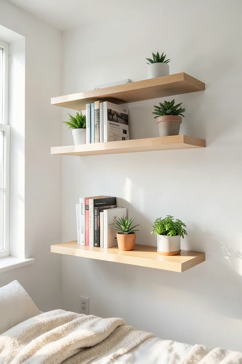 Light wood floating shelves mounted above a bed in a small bedroom, displaying books and small plants without using floor space