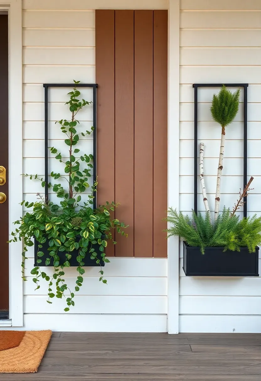 Hyper-realistic wide shot of a front porch with vertical wall-mounted planters. Two rectangular black metal trough planters are mounted on the white clapboard wall flanking a dark wood front door, positioned at slightly different heights for casual appeal. Each planter contains trailing variegated ivy cascading down, small spruce tops for vertical height, and birch branches for texture. Fresh evergreen boughs spill over the edges. A coir doormat sits on the wood porch floor below. Soft morning daylight creates gentle shadows. Visible brass door hardware and house numbers. No text, no logos, no watermarks.</p>