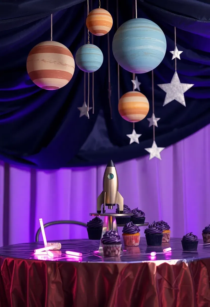 outer space baby shower with dark navy ceiling draped fabric, hanging planet models, silver star garlands, rocket ship centerpiece, and galaxy swirl frosted cupcakes