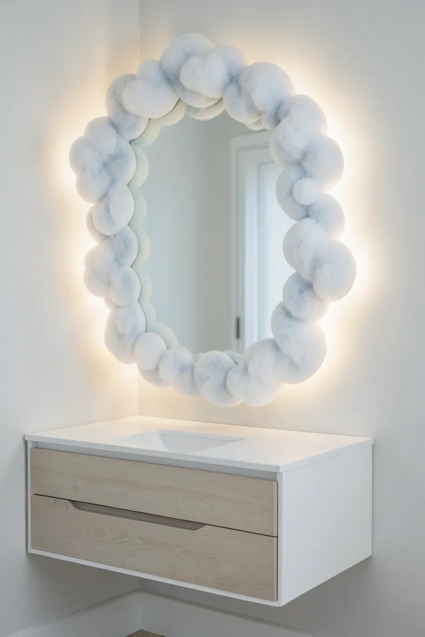 White cloud-shaped vanity mirror with LED strip lighting on a white bathroom wall above a minimalist white vanity