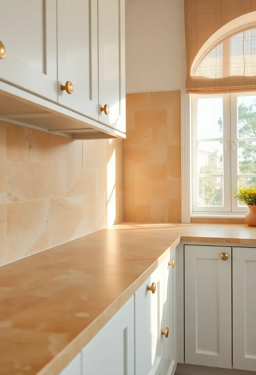 honey toned tumbled limestone tile backsplash with soft edges in a white kitchen with arched window and linen roman shade