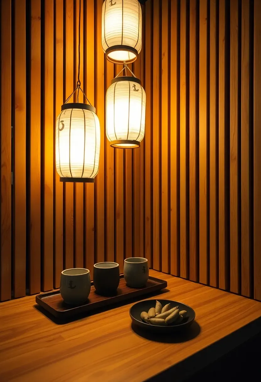 Japanese izakaya-style basement bar with wood slat screen, ceramic sake sets, paper lanterns, and a narrow cedar counter