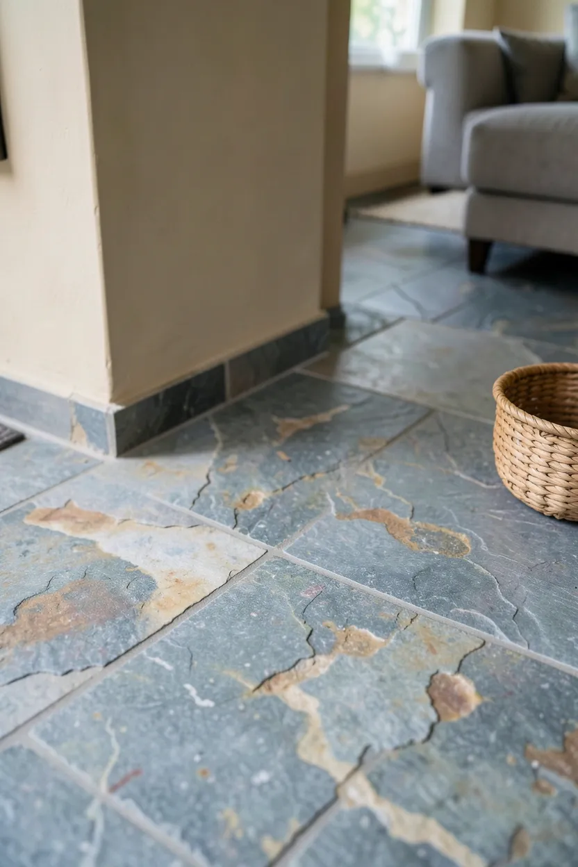 Honed slate flooring with natural color variation and visible texture in a warm wabi sabi living room with jute rug layered on top