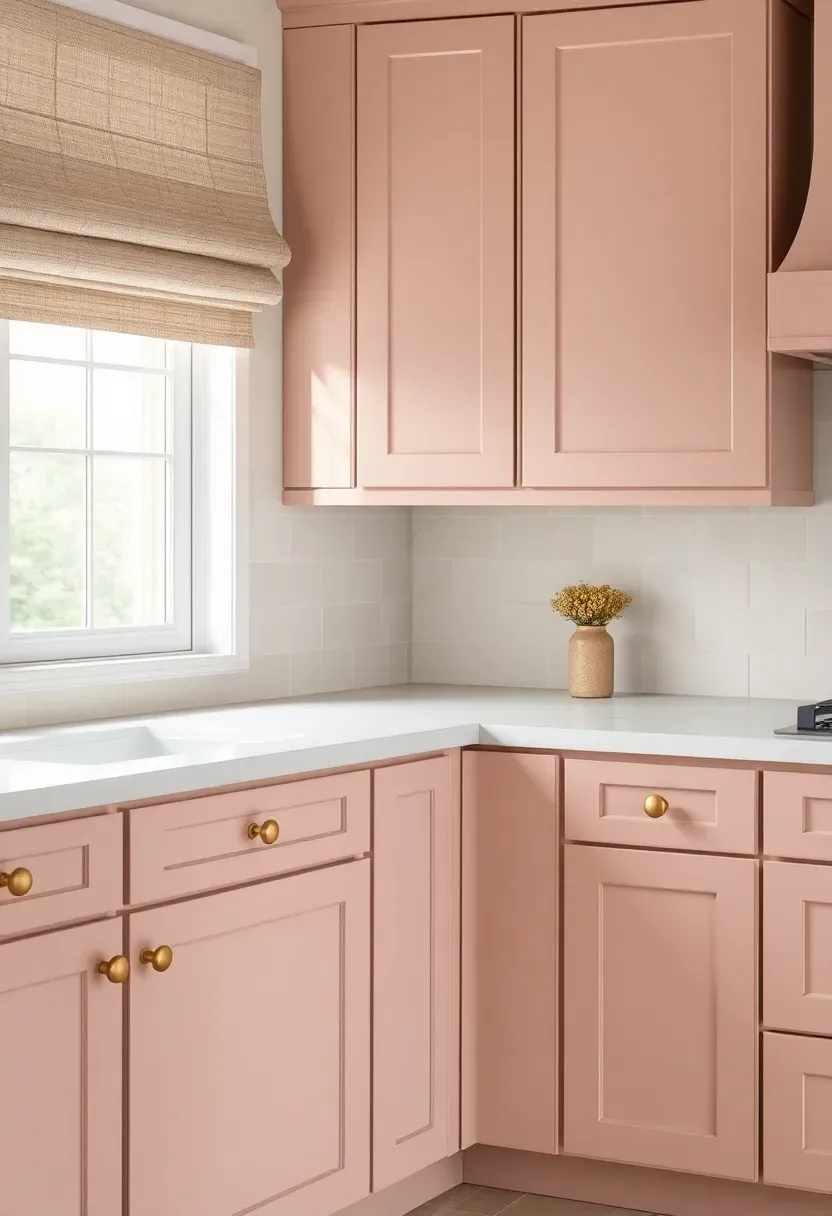 pale blush pink kitchen cabinets with warm white walls and gold hardware