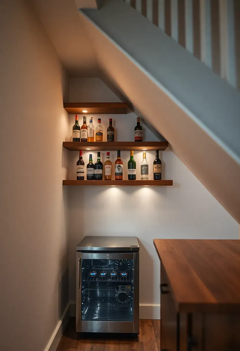 Small bar built into the triangular space under basement stairs with floating shelves, a mini fridge, and recessed puck lighting