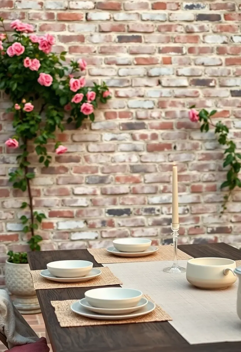 Whitewashed brick backyard wall with a slightly uneven vintage finish next to an outdoor dining table set with linen placemats