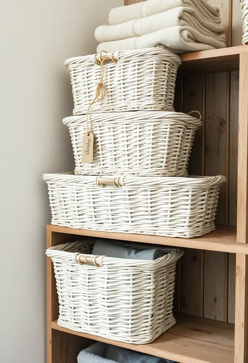 Set of painted wicker storage baskets in soft white and pale gray stacked on open wooden shelves