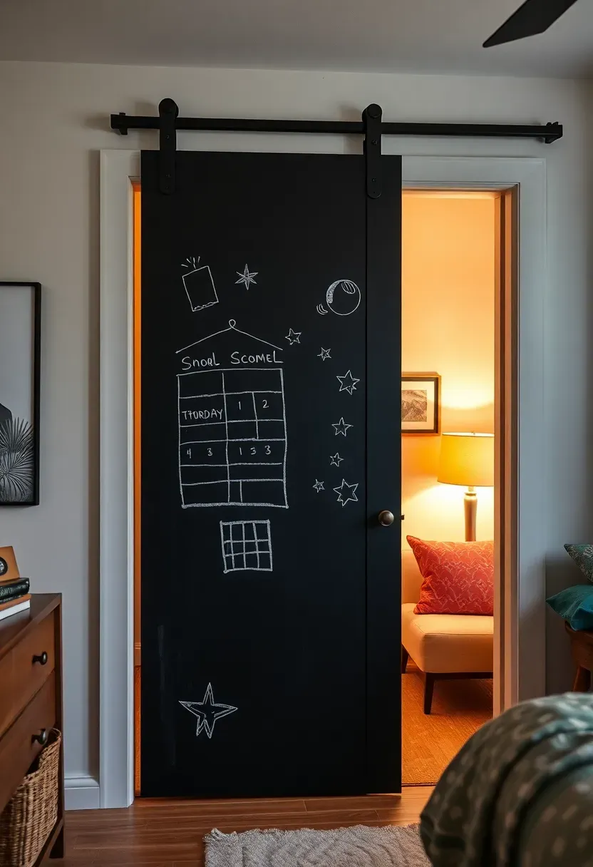 Chalkboard painted barn door covering a closet in a teen bedroom with hand-drawn schedules and doodles on the surface