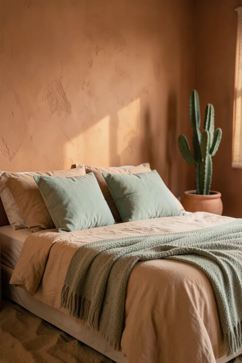 Desert boho bedroom with terracotta accent wall, sand-colored bedding, jute rug layered with kilim runner, and cactus plants in clay pots